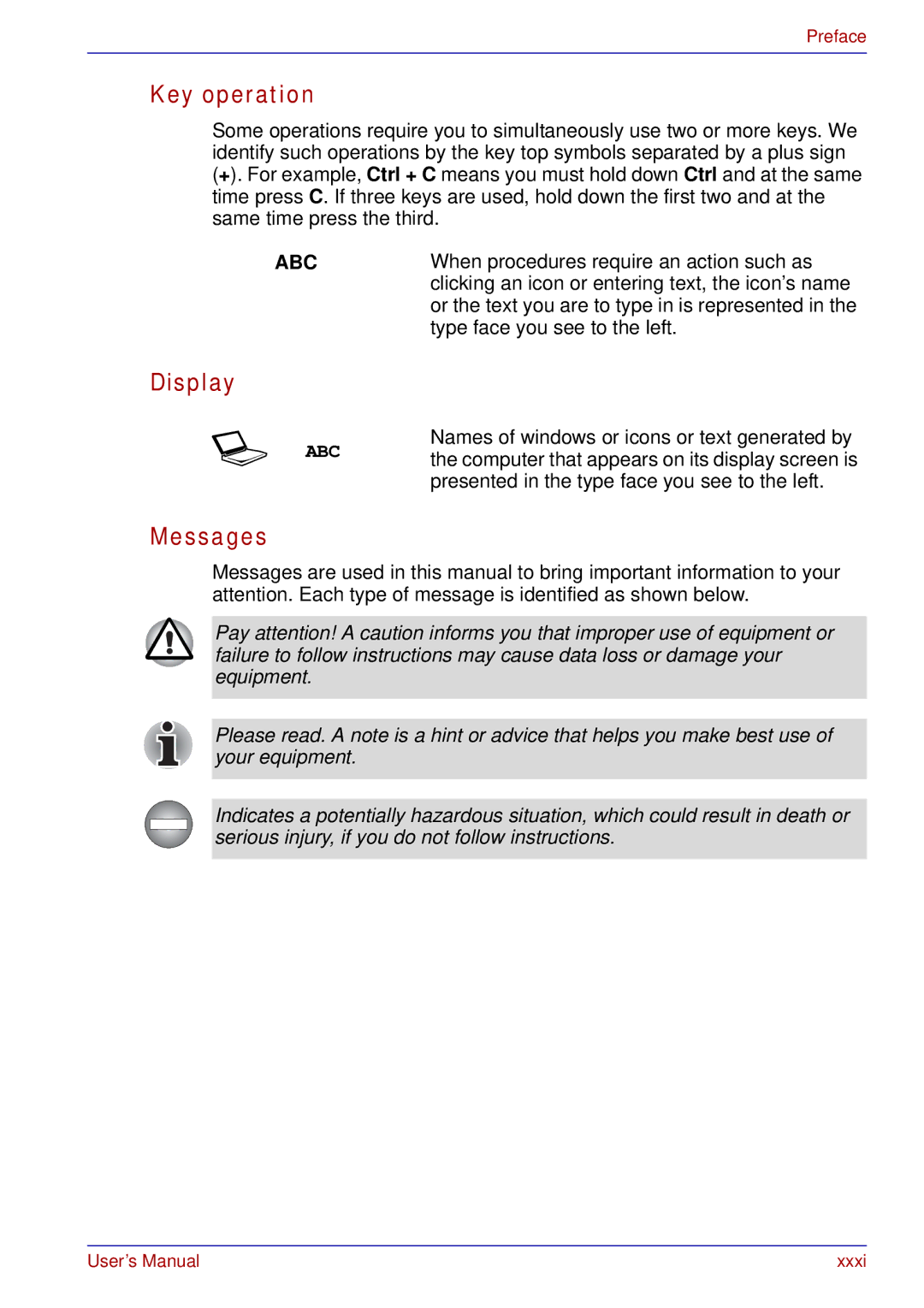 Toshiba A50 user manual Key operation, Display, Messages 