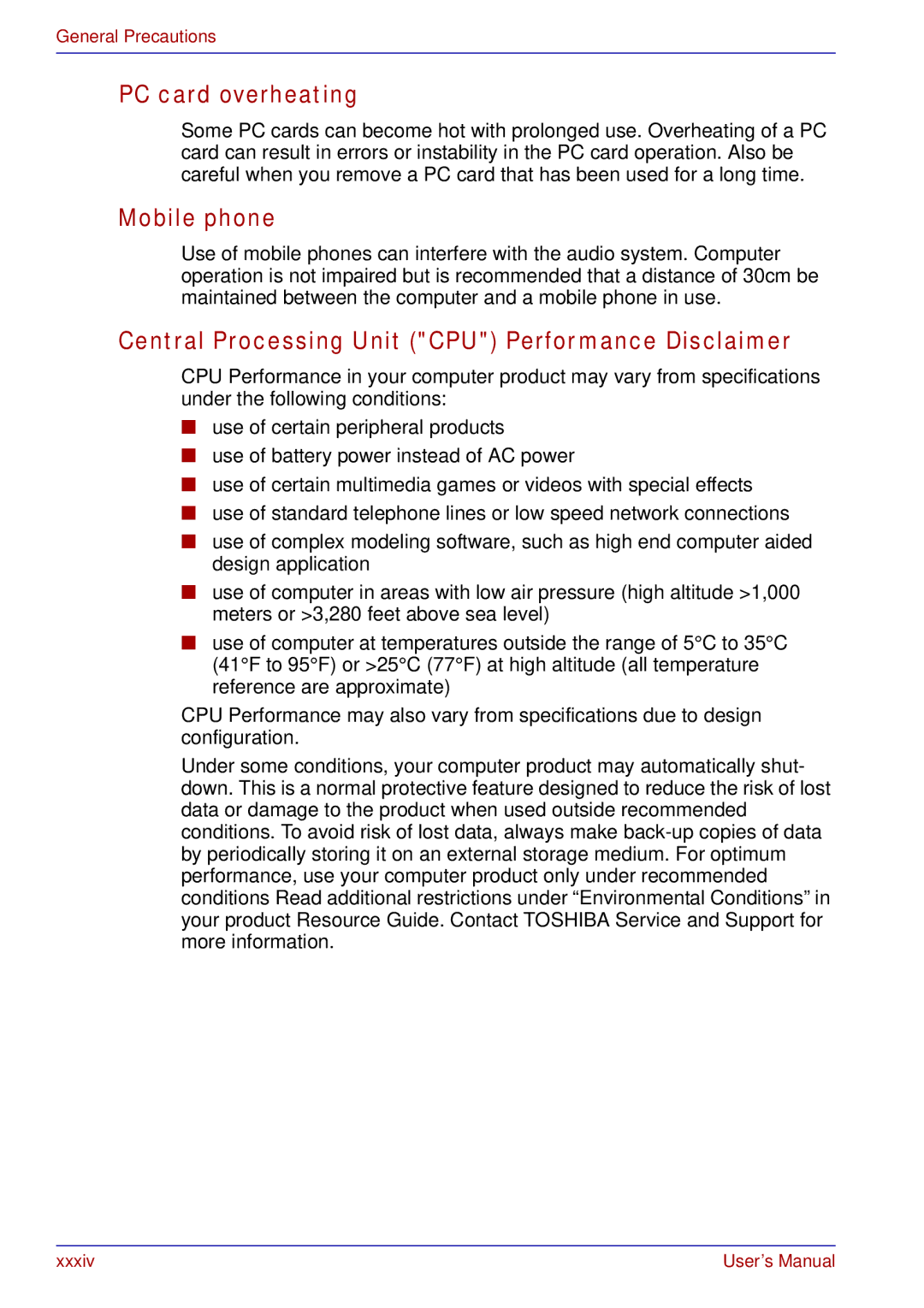 Toshiba A50 user manual PC card overheating, Mobile phone, Central Processing Unit CPU Performance Disclaimer 