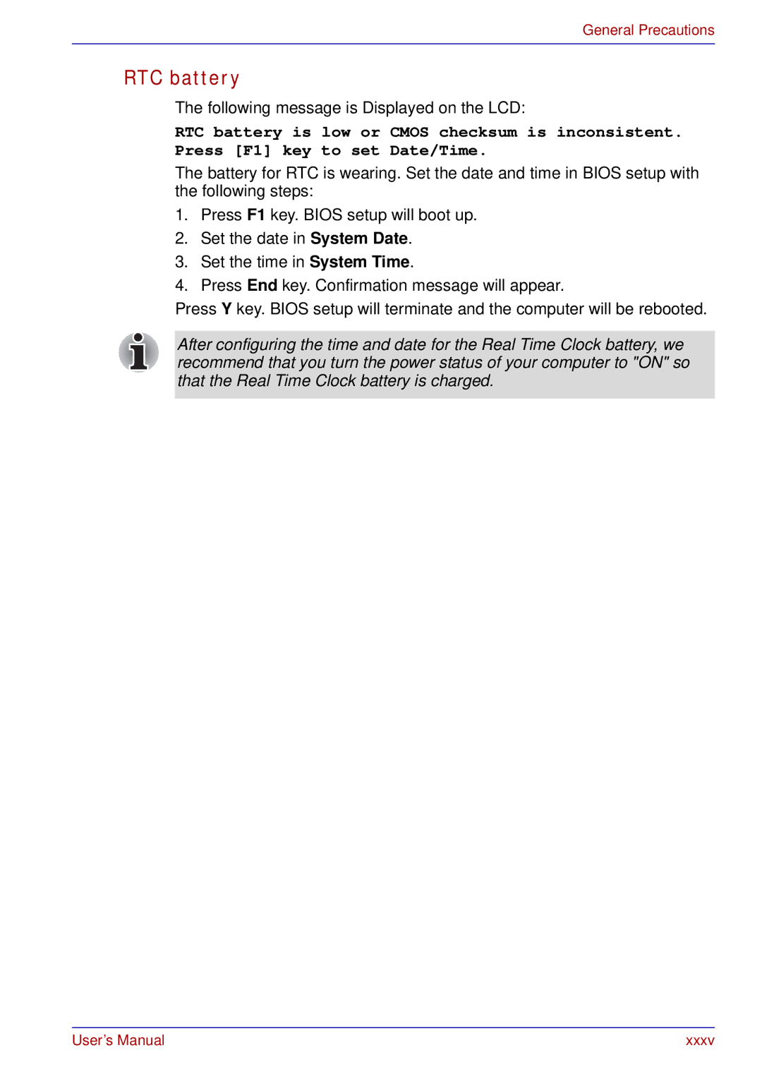 Toshiba A50 user manual RTC battery 