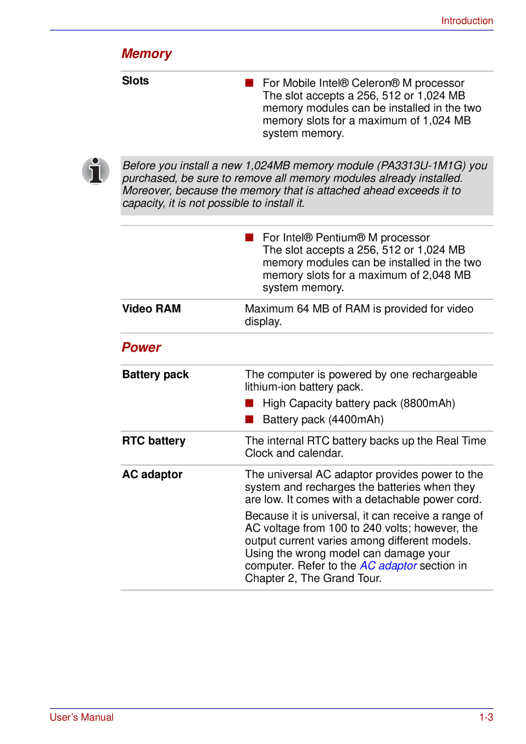 Toshiba A50 user manual Memory, Power 