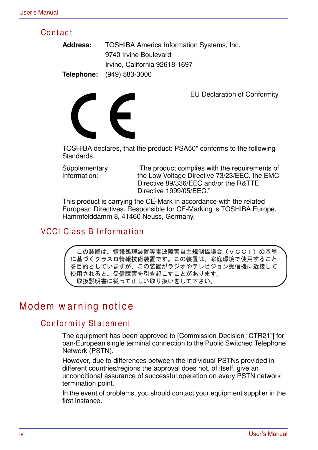 Toshiba A50 user manual Modem warning notice, Contact, Vcci Class B Information, Conformity Statement 