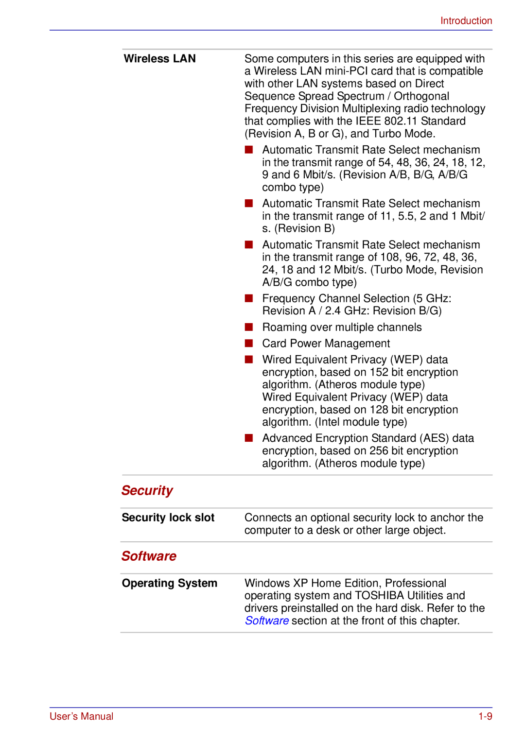 Toshiba A50 user manual Security, Software, Wireless LAN 