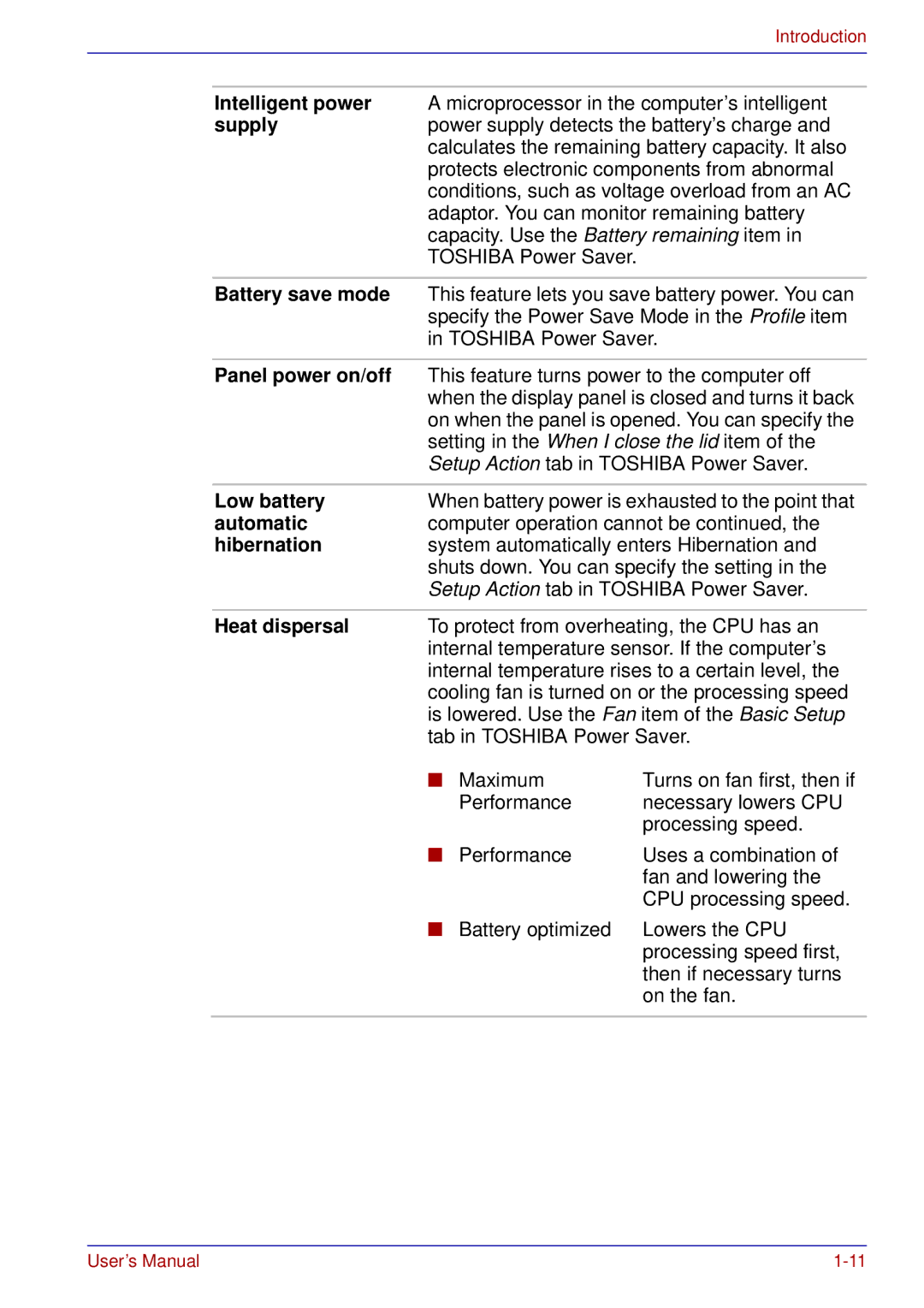 Toshiba A50 Intelligent power, Supply, Battery save mode, Panel power on/off, Low battery, Automatic, Hibernation 