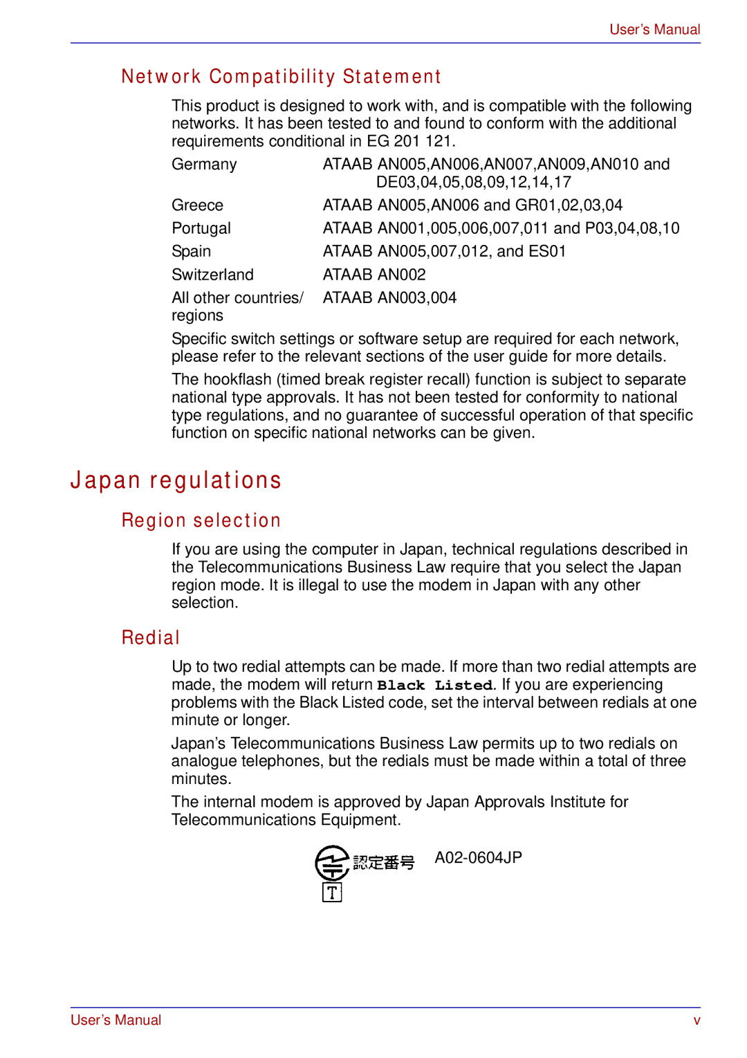 Toshiba A50 user manual Japan regulations, Network Compatibility Statement, Region selection, Redial 