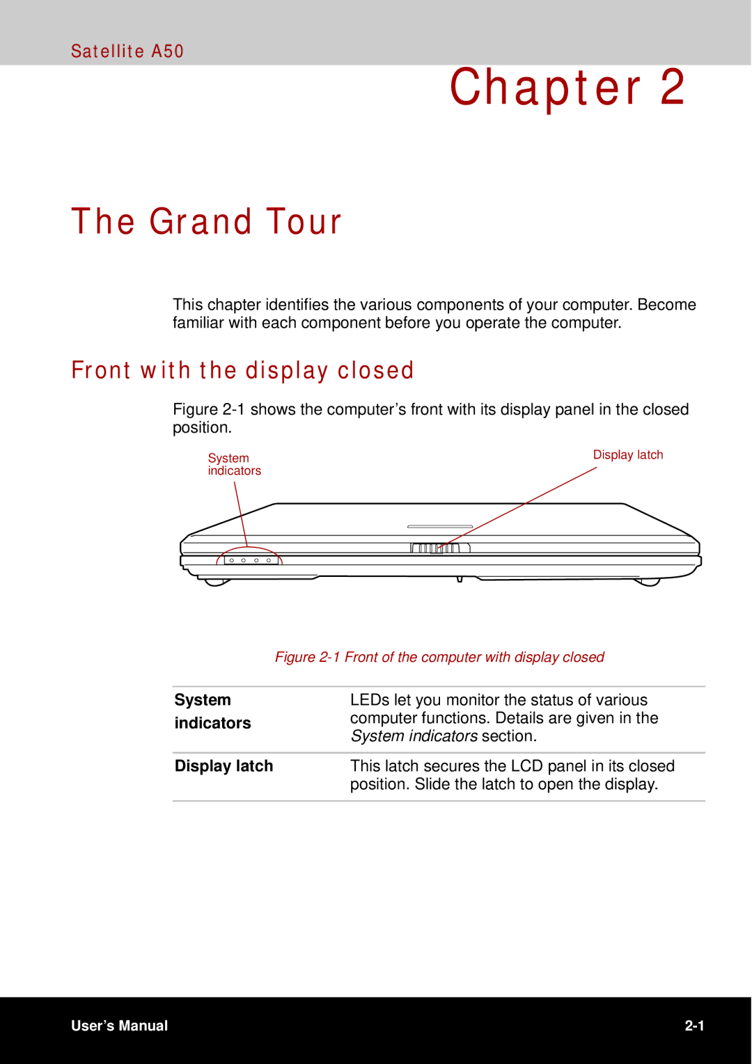 Toshiba A50 user manual Grand Tour, Front with the display closed, System, Indicators, Display latch 