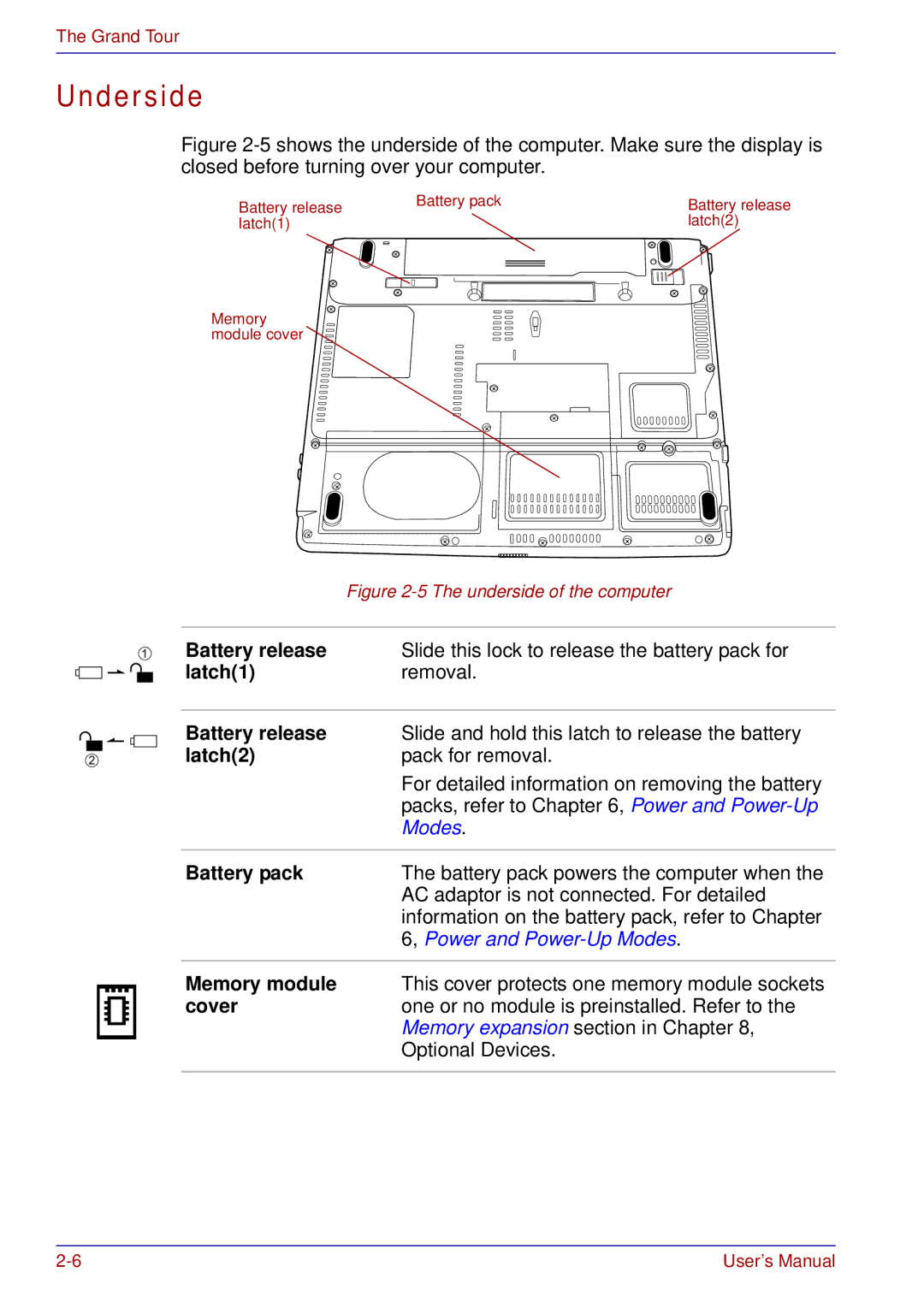 Toshiba A50 user manual Underside, Battery release, Latch1, Latch2 