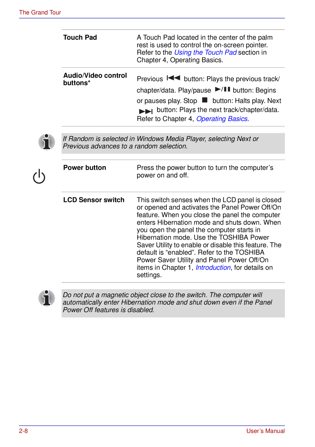 Toshiba A50 user manual Audio/Video control, Power button 