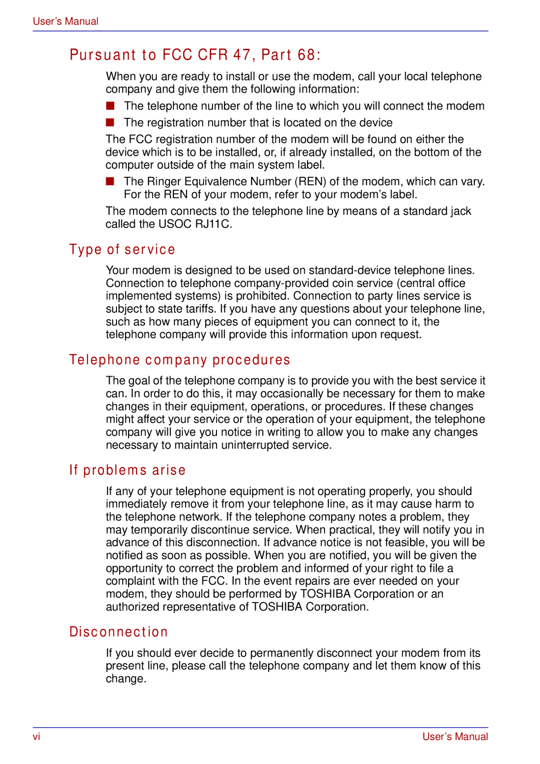 Toshiba A50 user manual Type of service, Telephone company procedures, If problems arise, Disconnection 