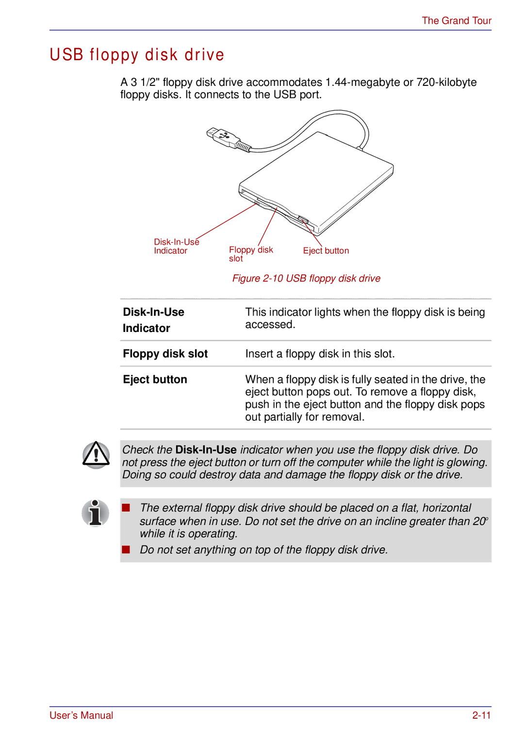 Toshiba A50 user manual USB floppy disk drive, Eject button 