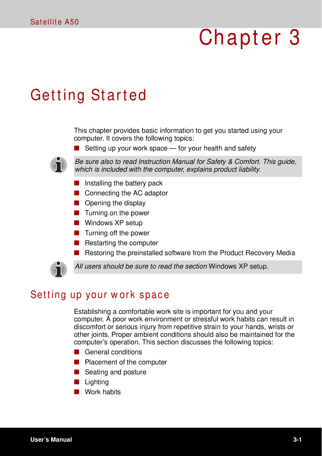 Toshiba A50 user manual Getting Started, Setting up your work space 