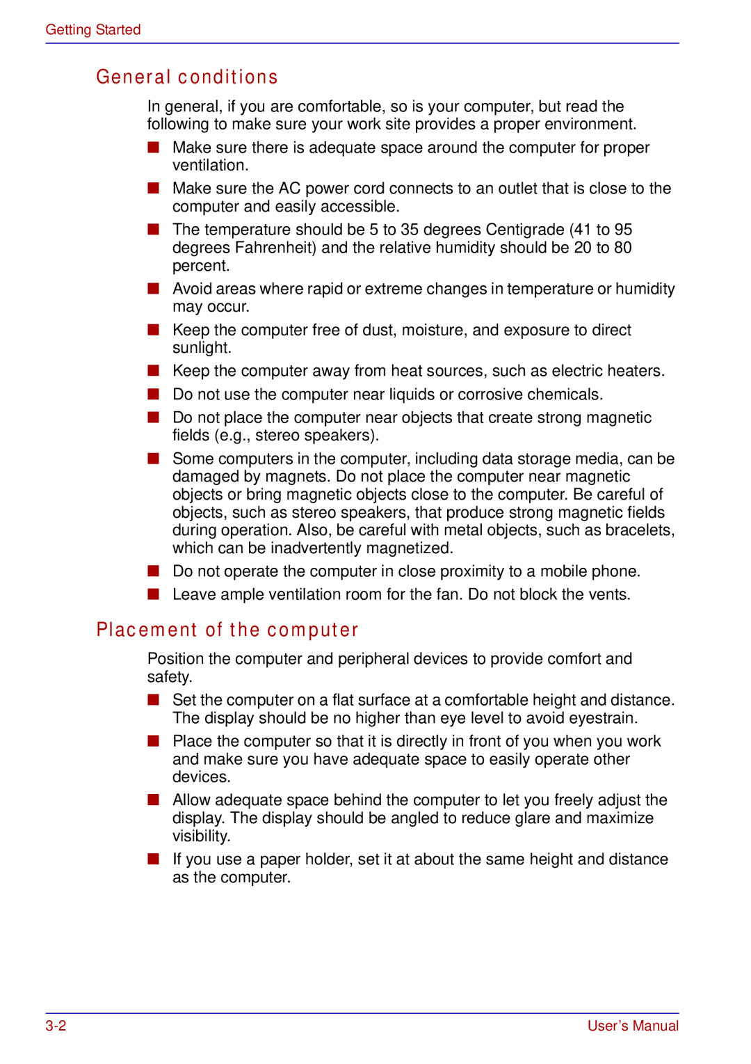 Toshiba A50 user manual General conditions, Placement of the computer 