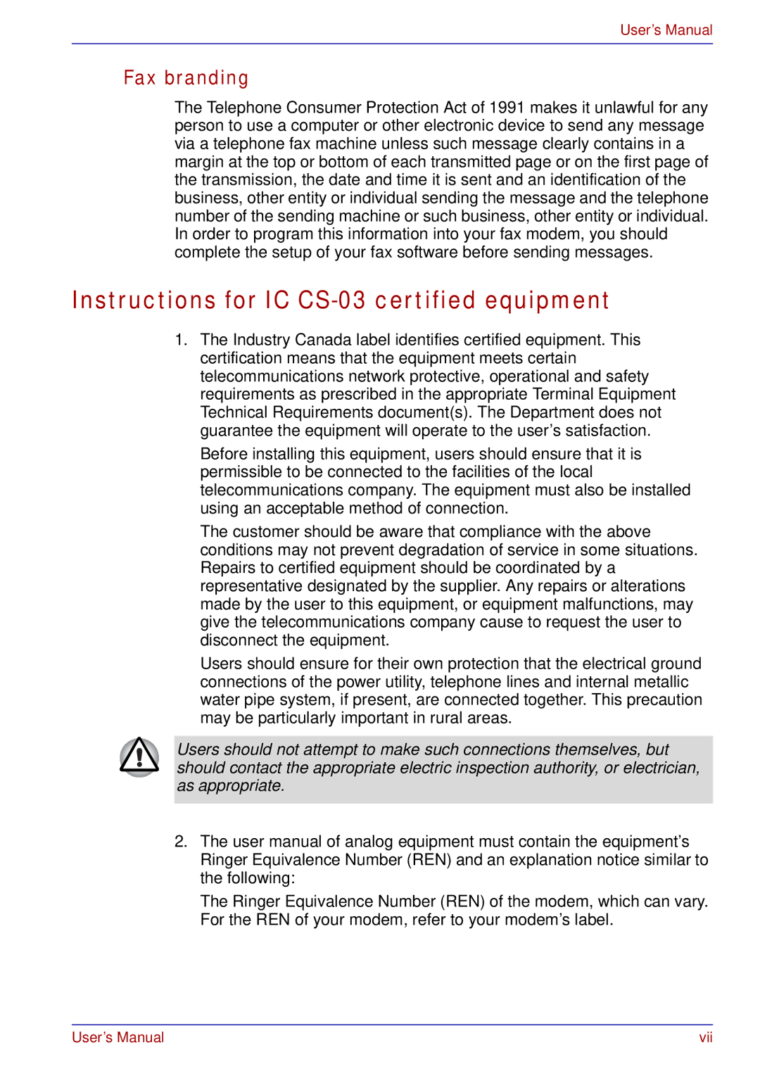 Toshiba A50 user manual Instructions for IC CS-03 certified equipment, Fax branding 