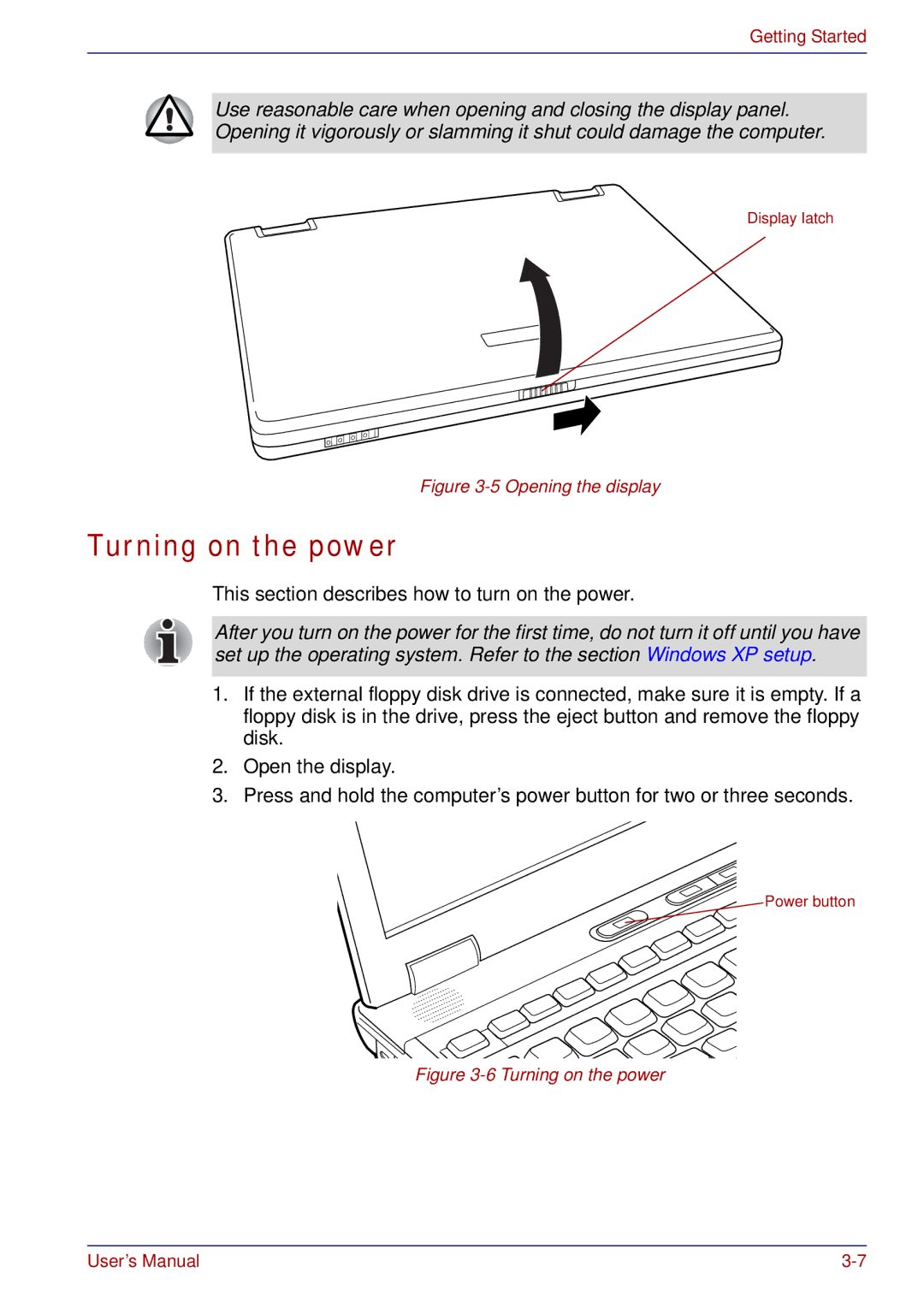 Toshiba A50 user manual Turning on the power, This section describes how to turn on the power 