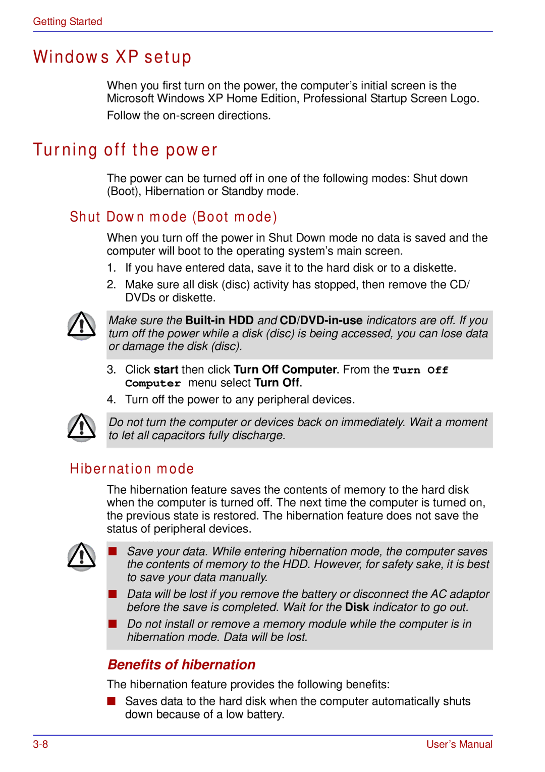 Toshiba A50 Windows XP setup, Turning off the power, Shut Down mode Boot mode, Hibernation mode, Benefits of hibernation 