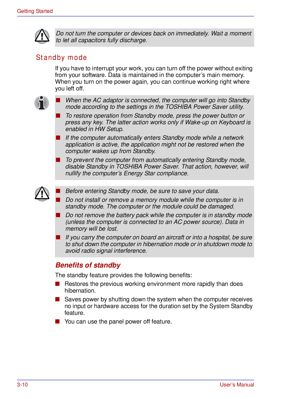 Toshiba A50 user manual Standby mode, Benefits of standby 