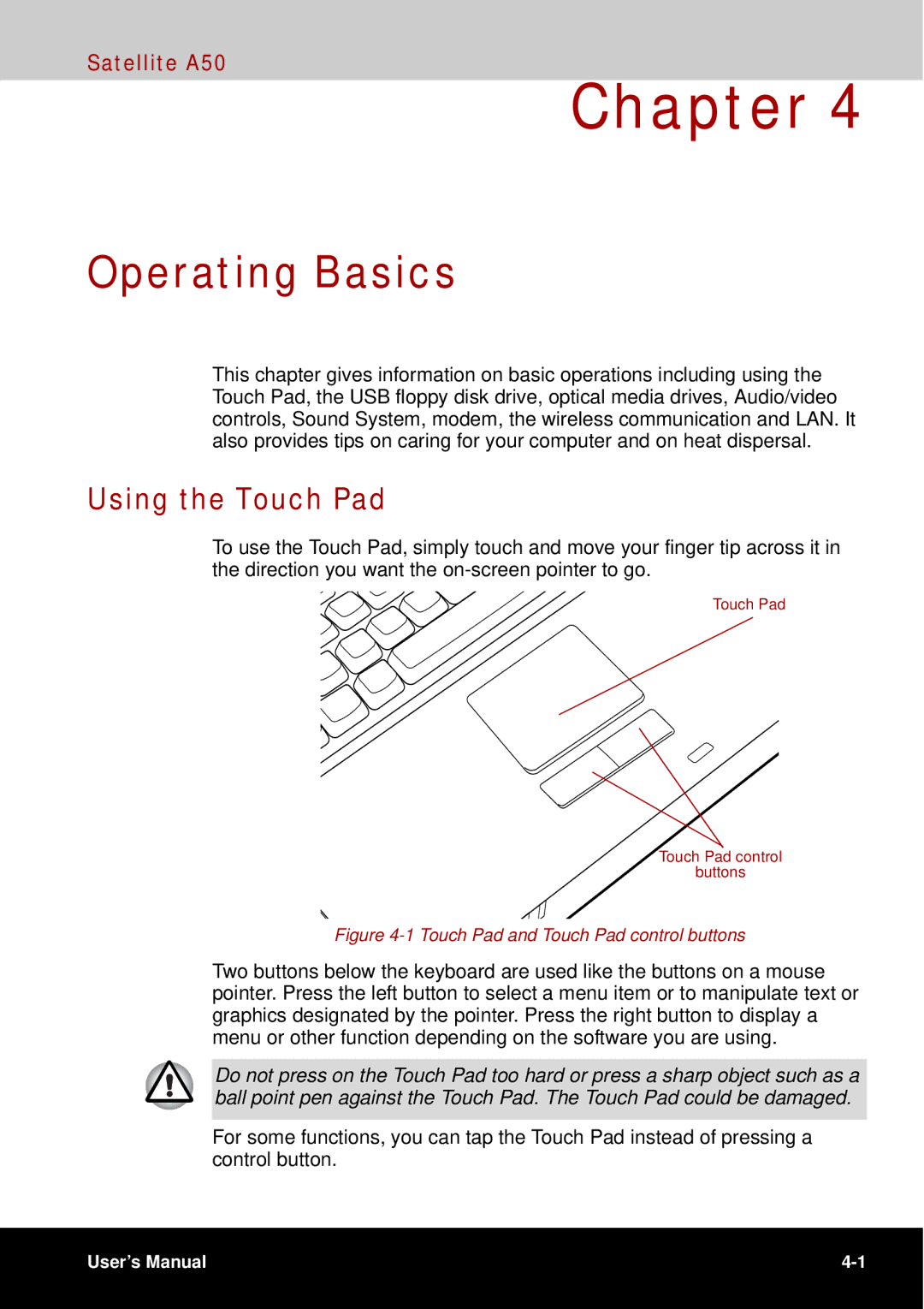 Toshiba A50 user manual Operating Basics, Using the Touch Pad 