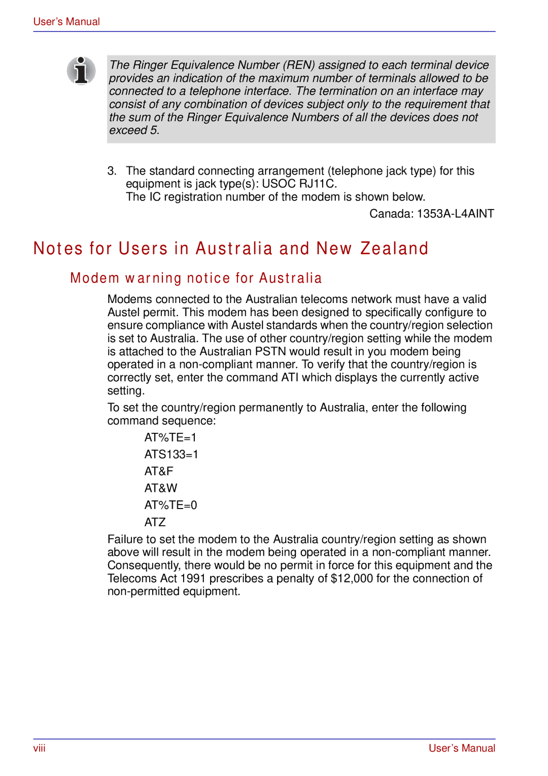 Toshiba A50 user manual Modem warning notice for Australia, AT&F AT&W AT%TE=0 ATZ 