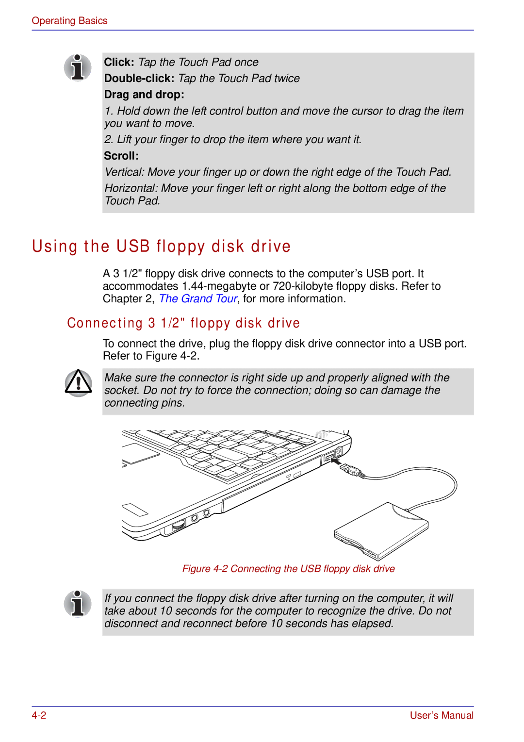 Toshiba A50 user manual Using the USB floppy disk drive, Connecting 3 1/2 floppy disk drive, Drag and drop, Scroll 