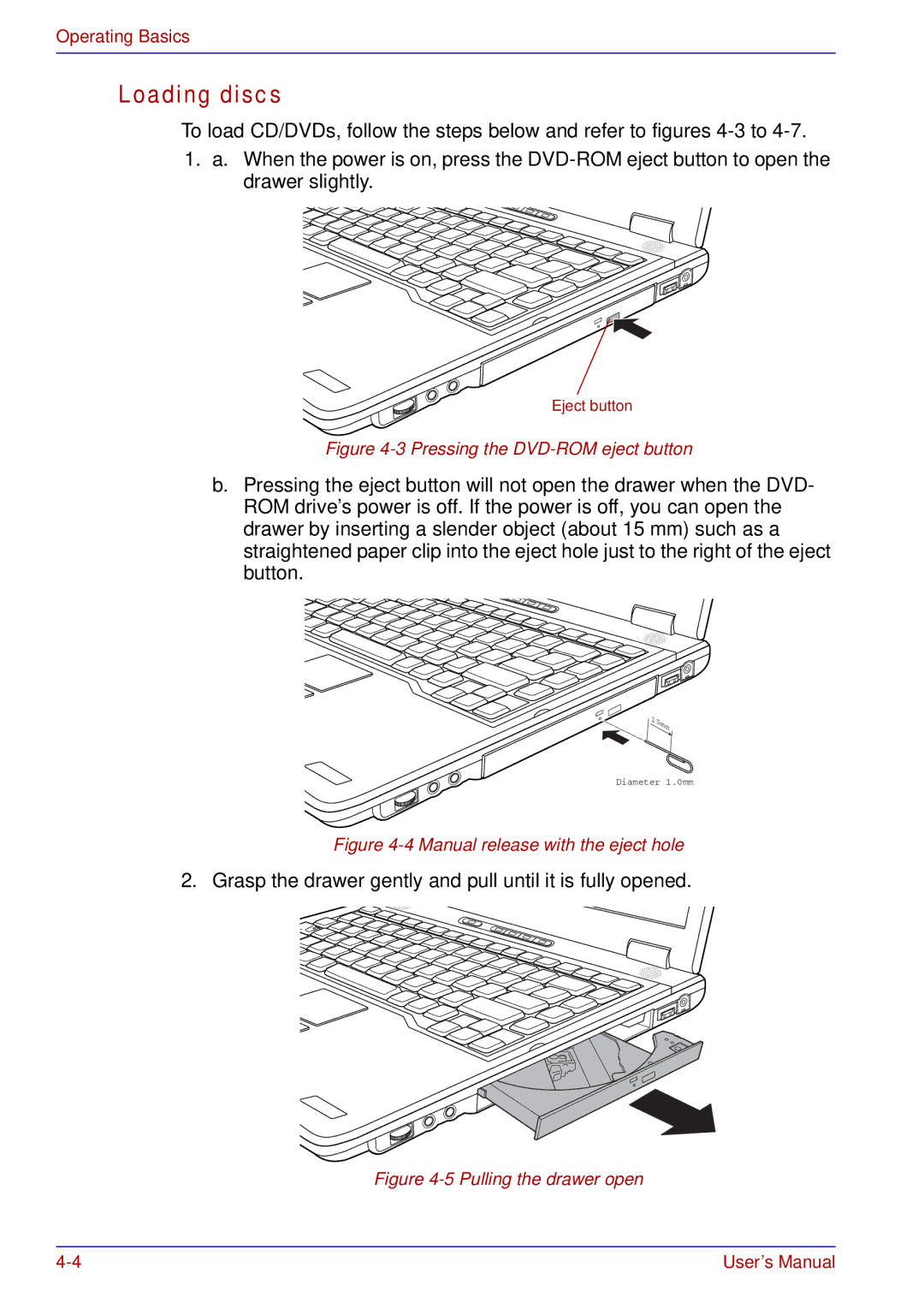 Toshiba A50 user manual Loading discs, Pressing the DVD-ROM eject button 