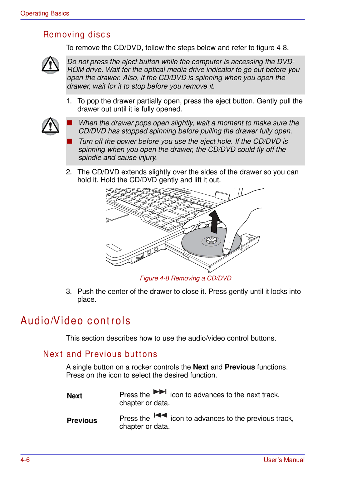 Toshiba A50 user manual Audio/Video controls, Removing discs, Next and Previous buttons 