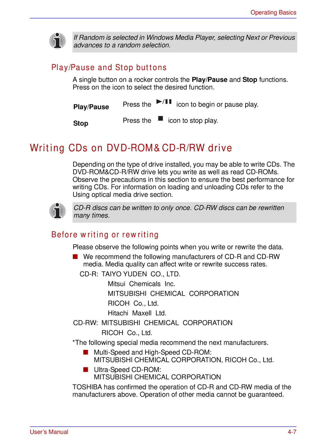 Toshiba A50 user manual Writing CDs on DVD-ROM&CD-R/RW drive, Play/Pause and Stop buttons, Before writing or rewriting 