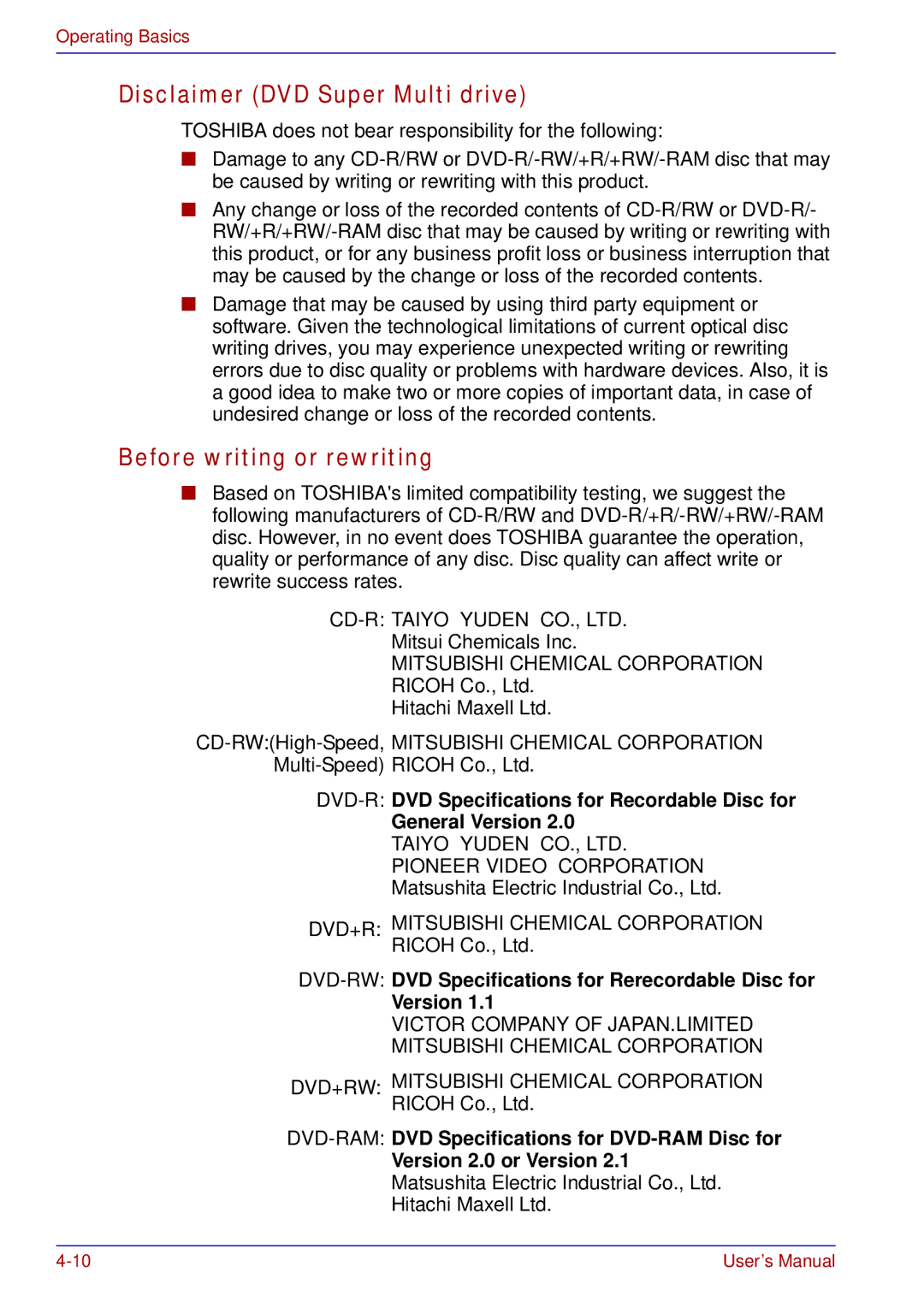 Toshiba A50 user manual Disclaimer DVD Super Multi drive, DVD-RWDVD Specifications for Rerecordable Disc for Version 