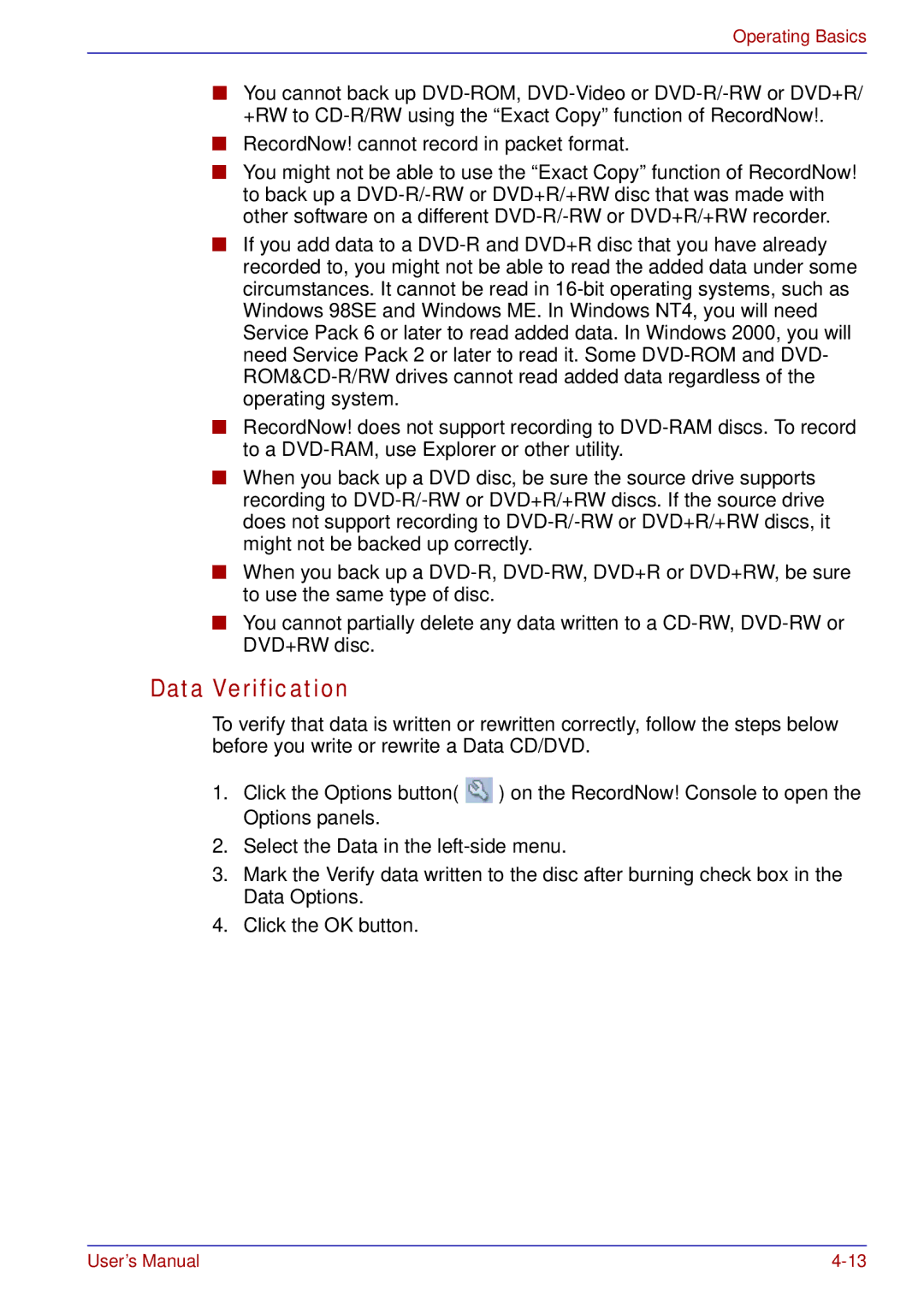 Toshiba A50 user manual Data Verification 