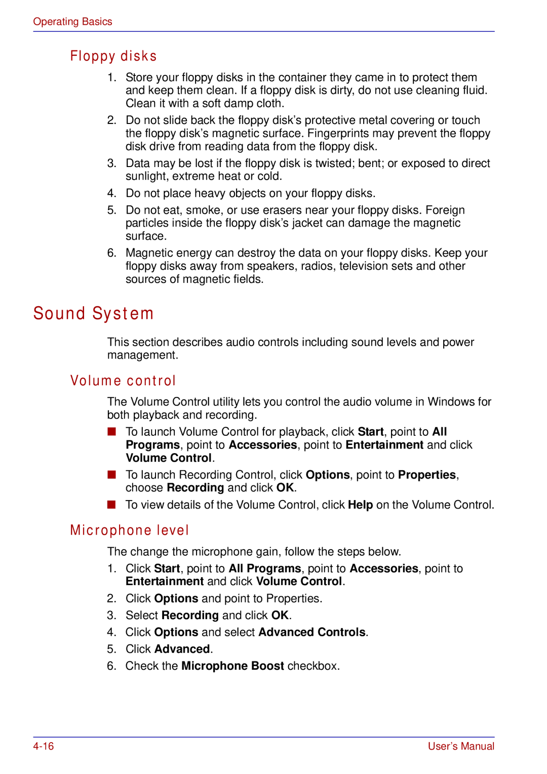 Toshiba A50 user manual Sound System, Floppy disks, Volume control, Microphone level 