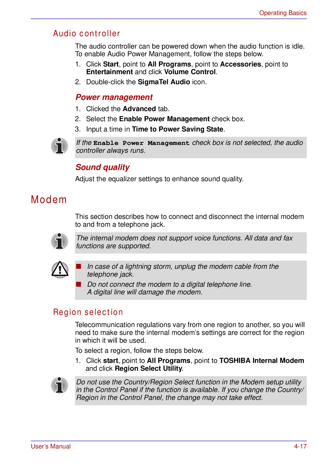 Toshiba A50 user manual Modem, Audio controller, Power management, Sound quality 