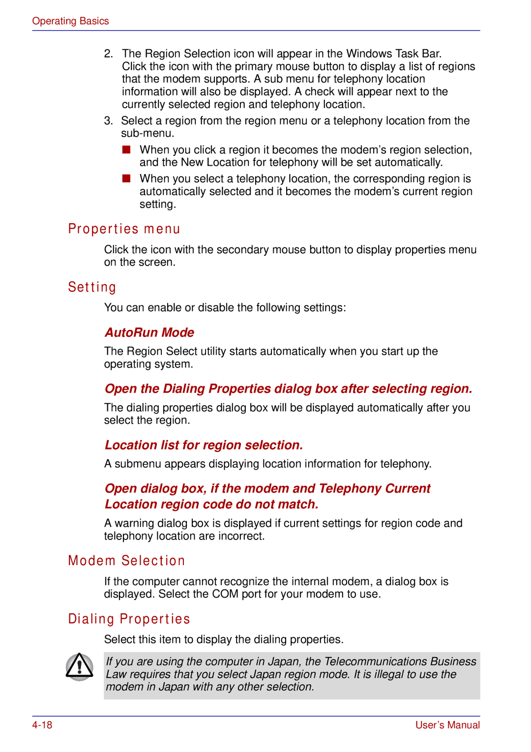 Toshiba A50 user manual Properties menu, Setting, Modem Selection, Dialing Properties 