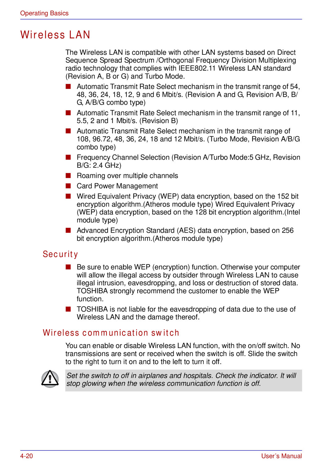 Toshiba A50 user manual Wireless LAN, Security, Wireless communication switch 