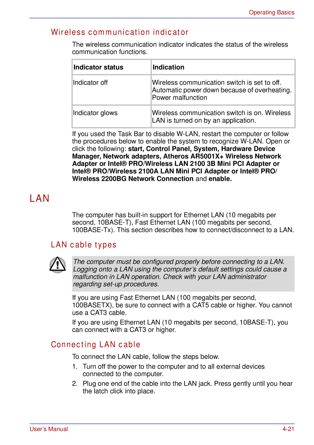 Toshiba A50 Wireless communication indicator, LAN cable types, Connecting LAN cable, Indicator status Indication 