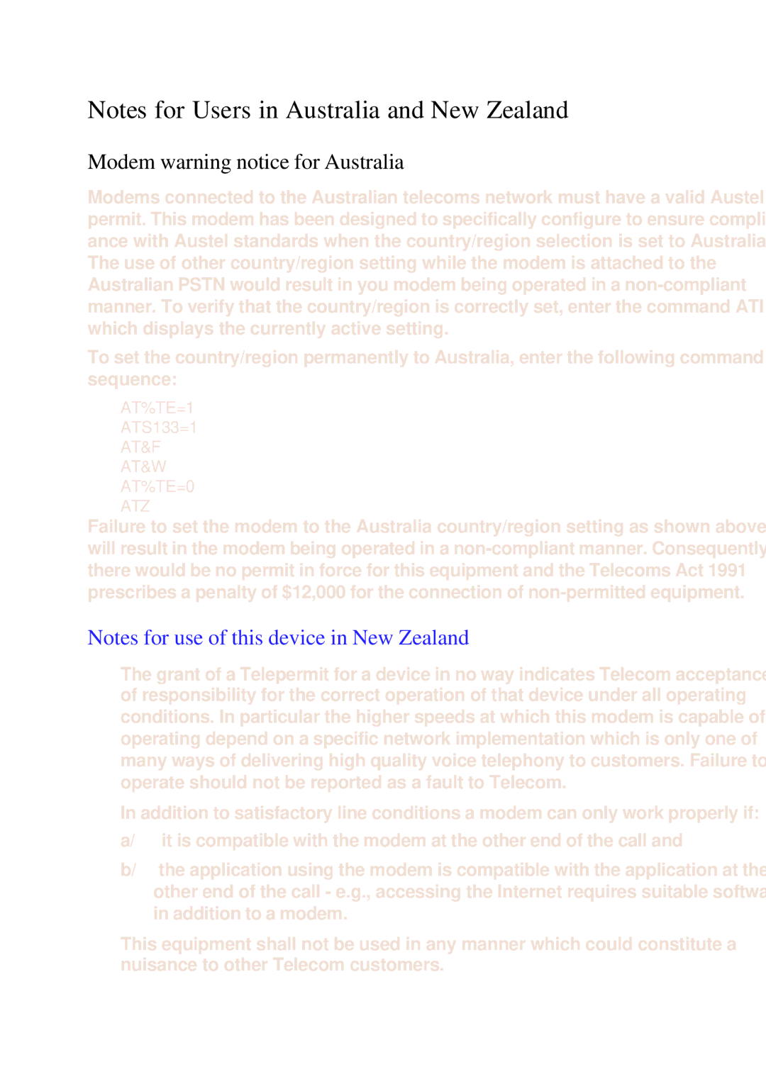 Toshiba A60 user manual Modem warning notice for Australia, AT&F AT&W AT%TE=0 ATZ 