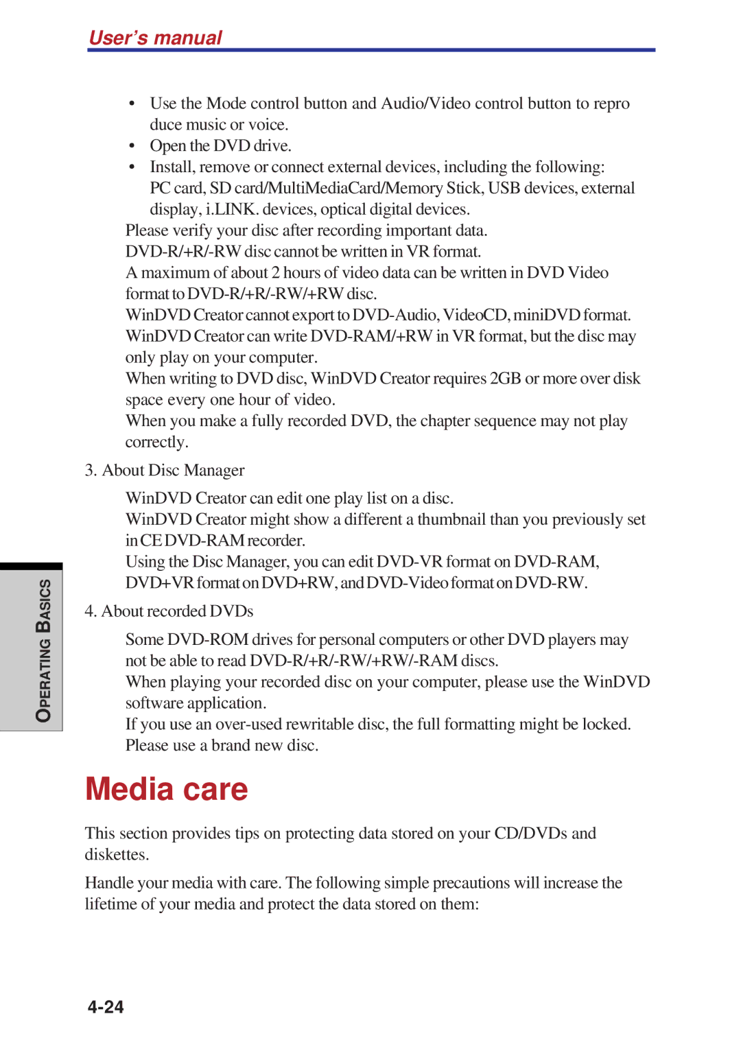 Toshiba A60 user manual Media care 