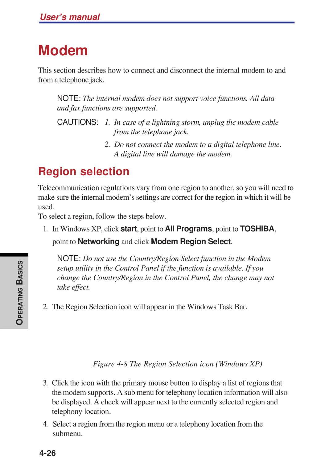 Toshiba A60 user manual Modem, Region selection 