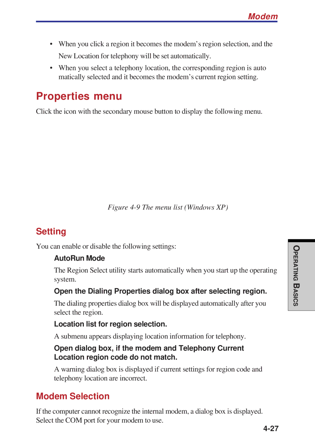 Toshiba A60 user manual Properties menu, Setting, Modem Selection 