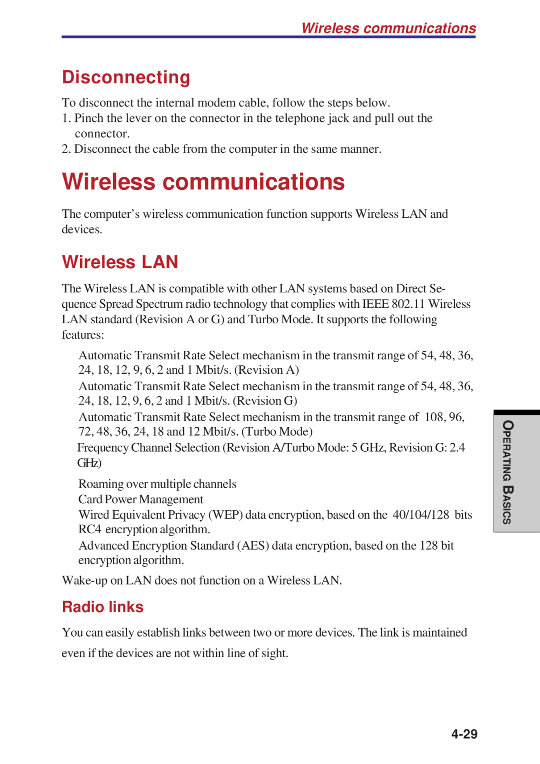 Toshiba A60 user manual Wireless communications, Disconnecting, Wireless LAN, Radio links 