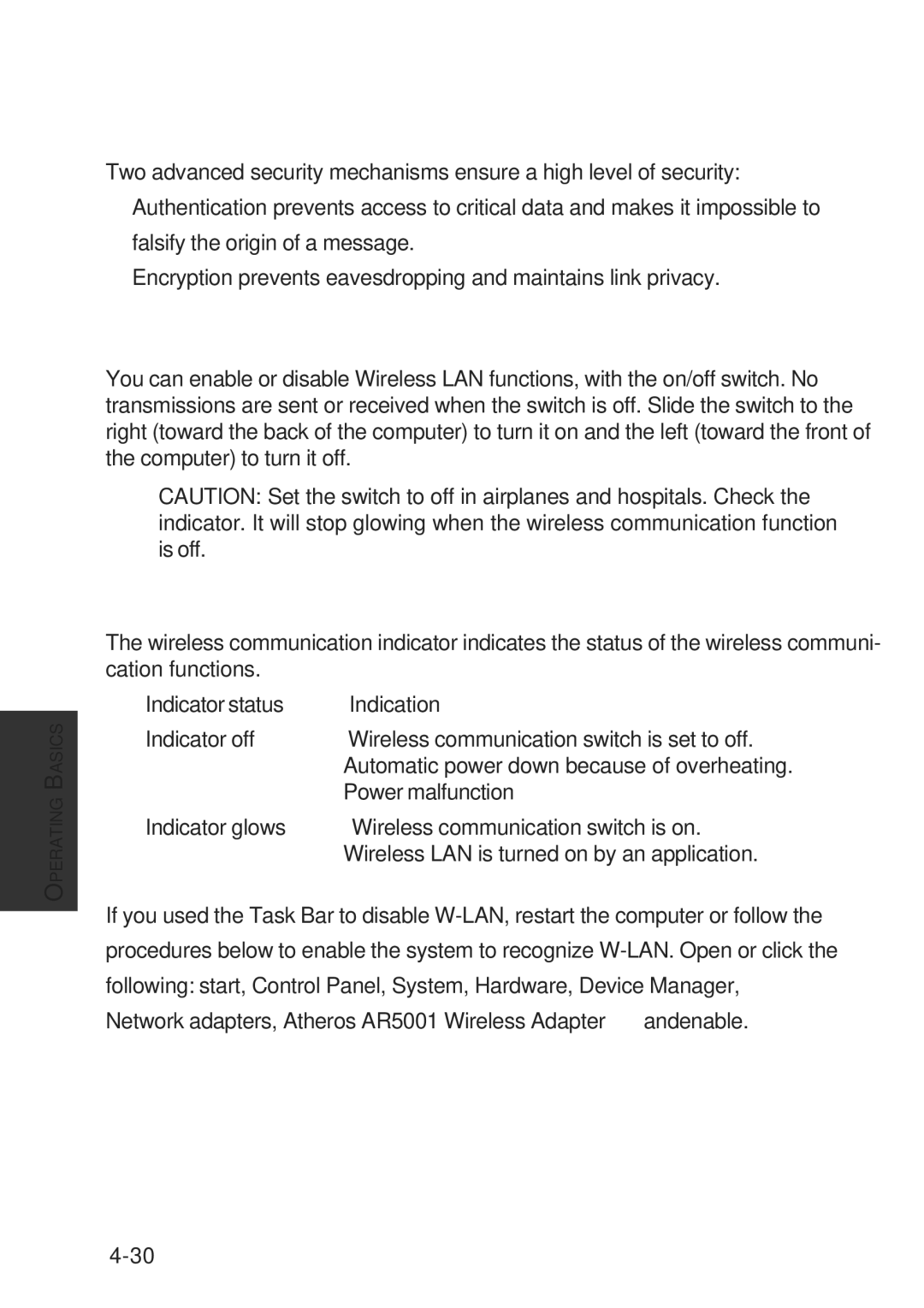 Toshiba A60 user manual Wireless communication switch, Wireless communication Indicator 