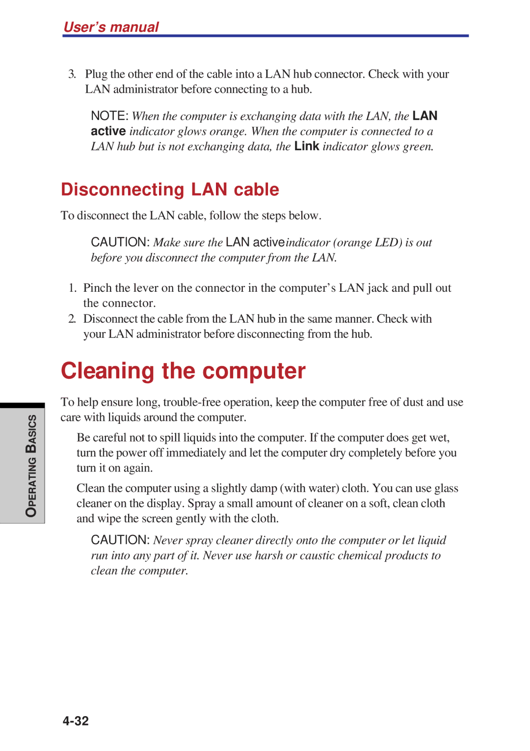 Toshiba A60 user manual Cleaning the computer, Disconnecting LAN cable 