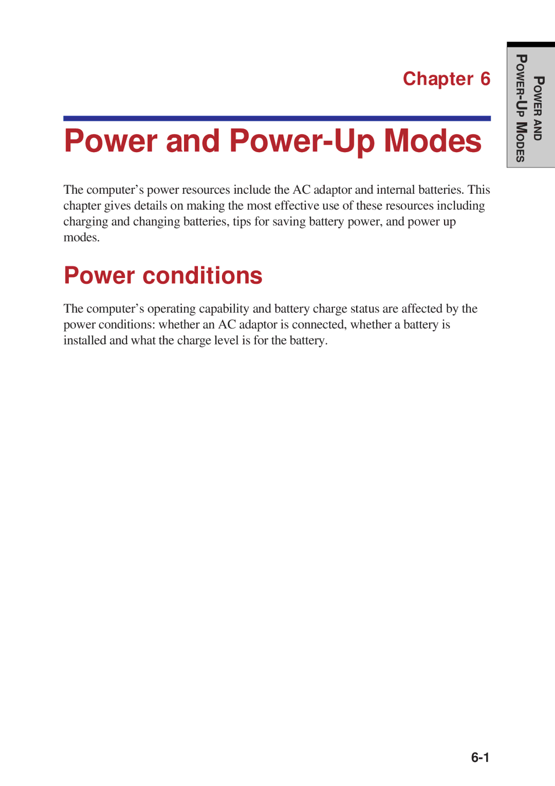 Toshiba A60 user manual Power and Power-Up Modes, Power conditions 