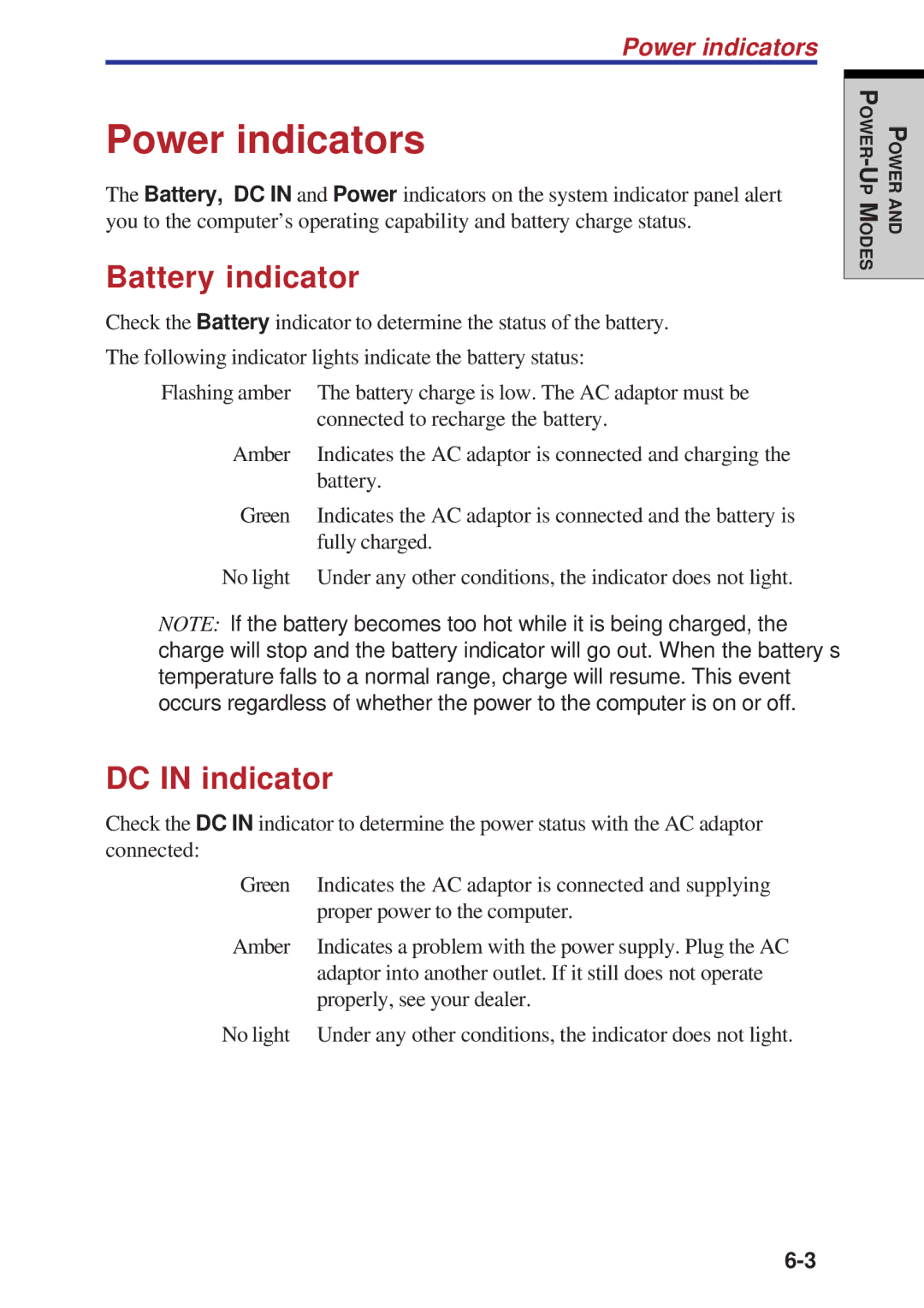 Toshiba A60 user manual Power indicators, Battery indicator, DC in indicator 