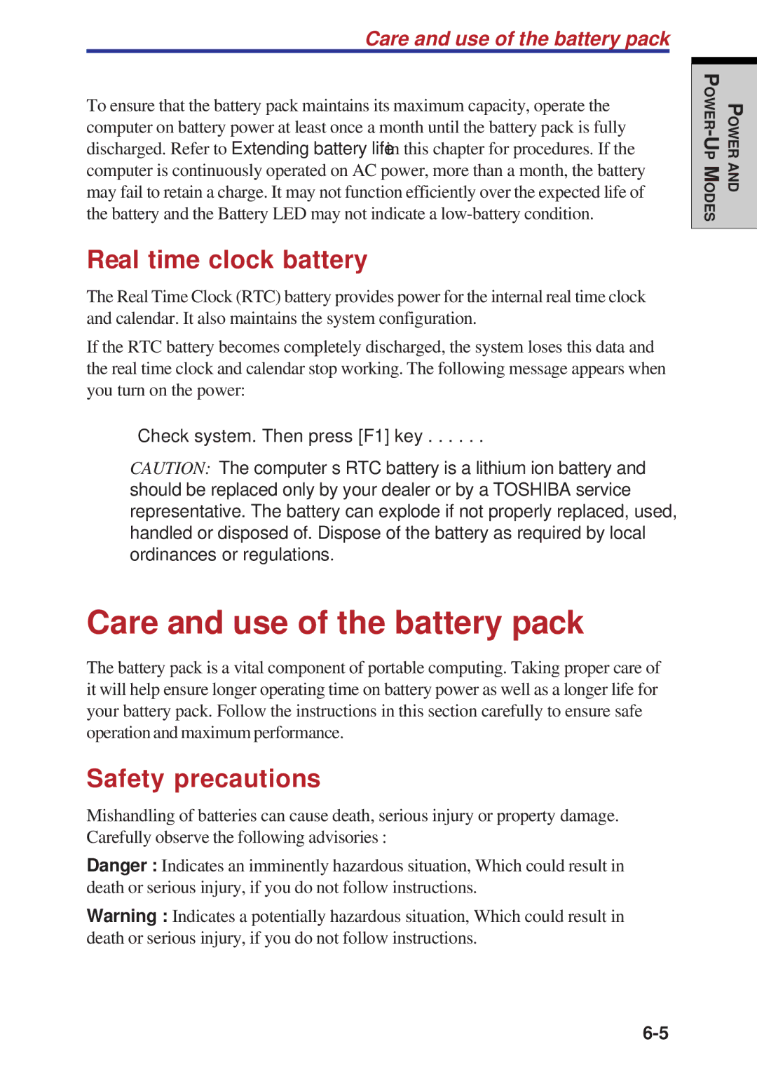 Toshiba A60 user manual Care and use of the battery pack, Real time clock battery, Safety precautions 