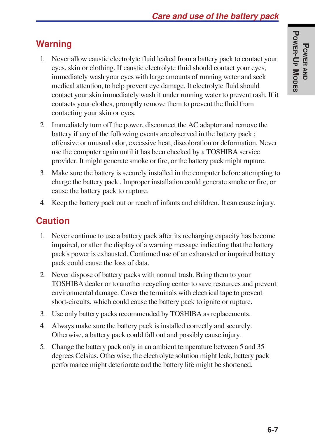 Toshiba A60 user manual Care and use of the battery pack 