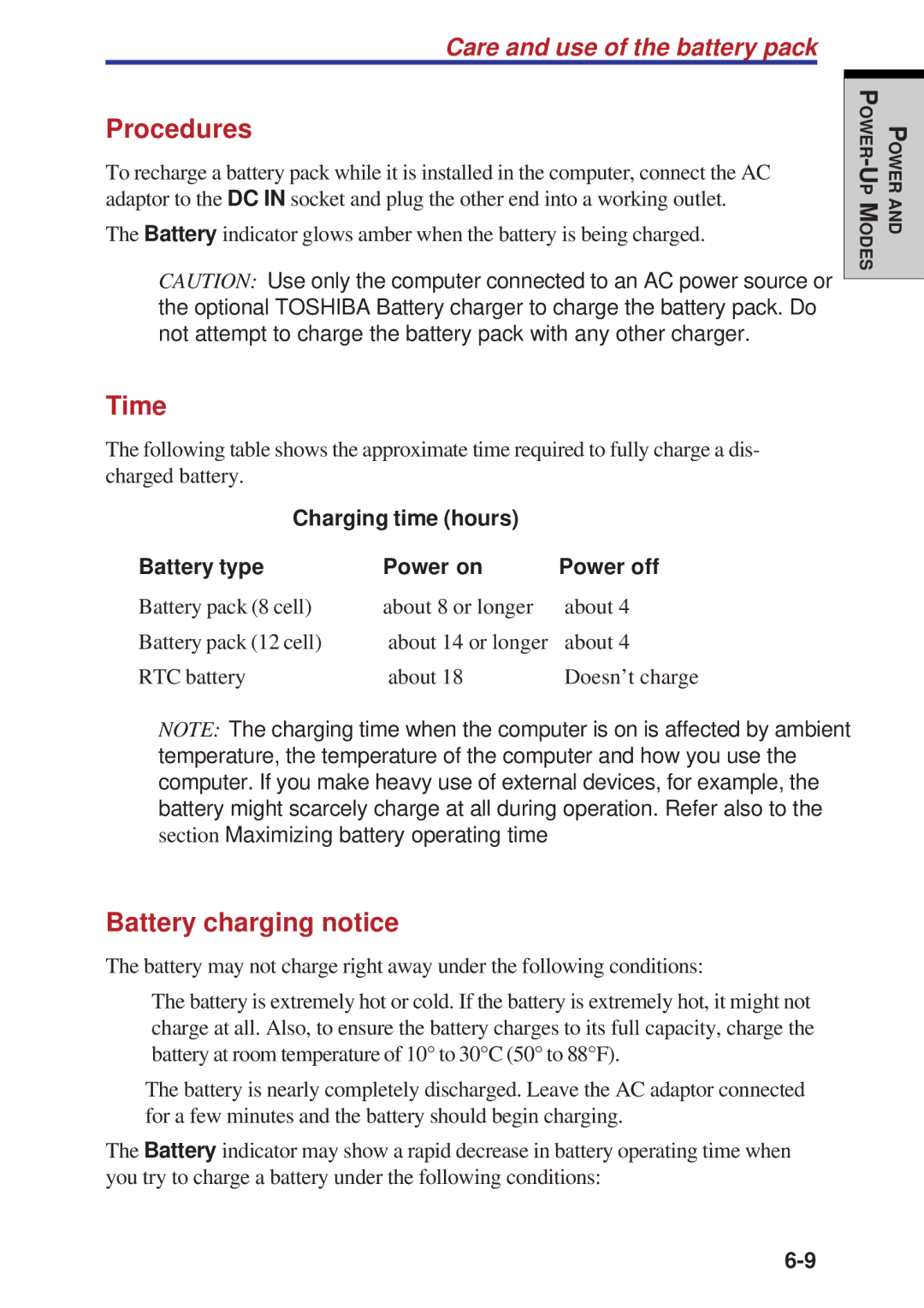 Toshiba A60 user manual Procedures, Time, Battery charging notice 