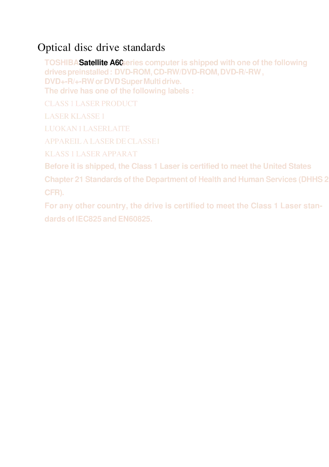 Toshiba A60 user manual Optical disc drive standards, Cfr 