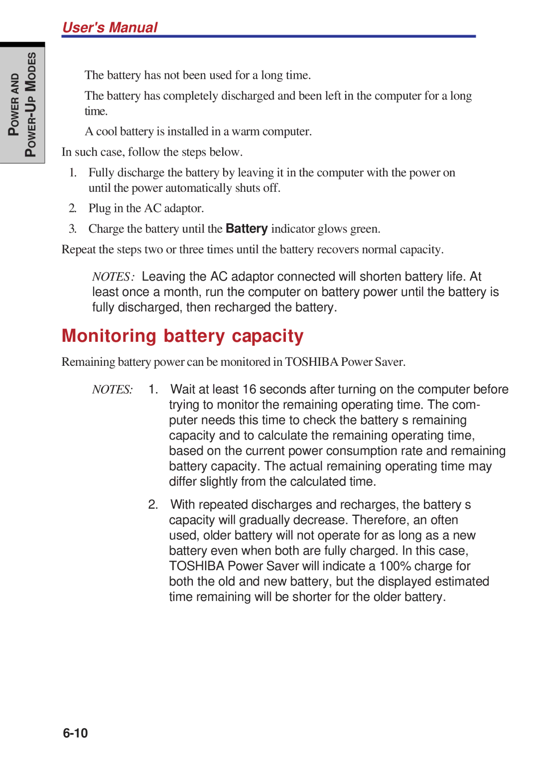 Toshiba A60 user manual Monitoring battery capacity 