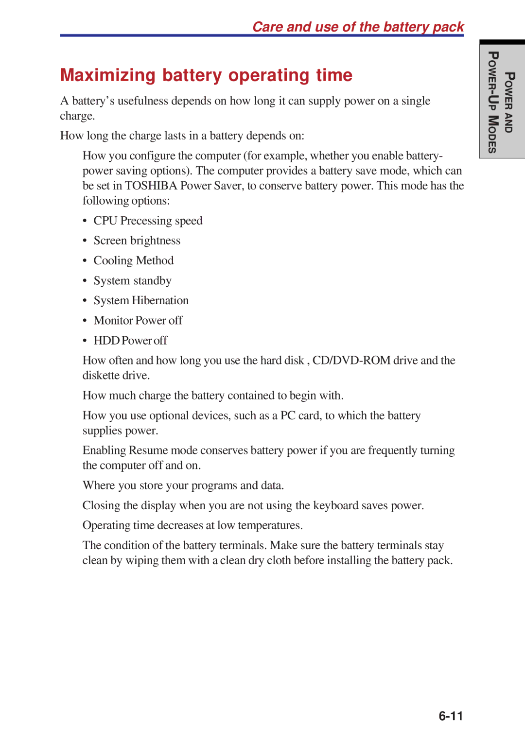 Toshiba A60 user manual Maximizing battery operating time 