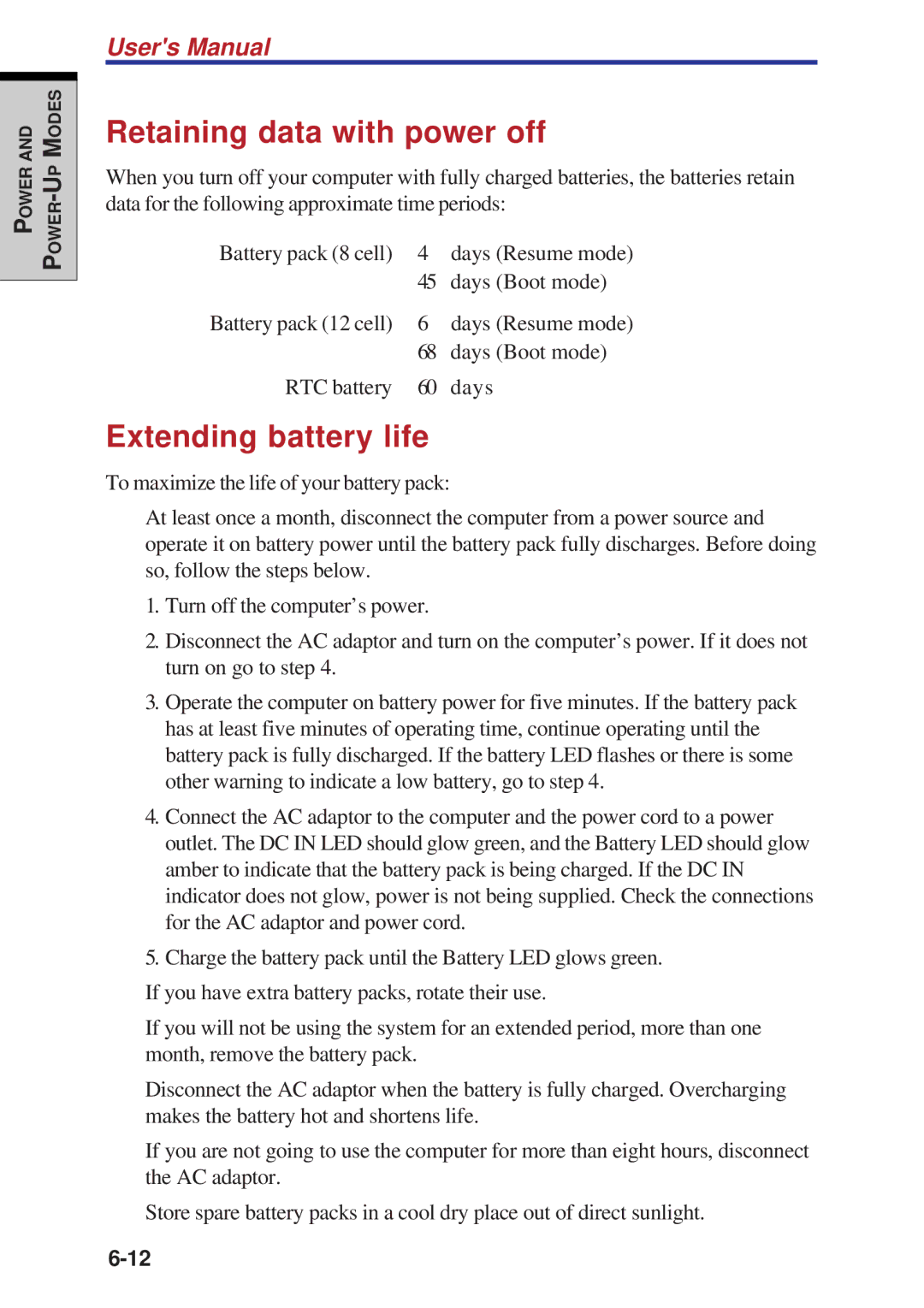 Toshiba A60 user manual Retaining data with power off, Extending battery life 