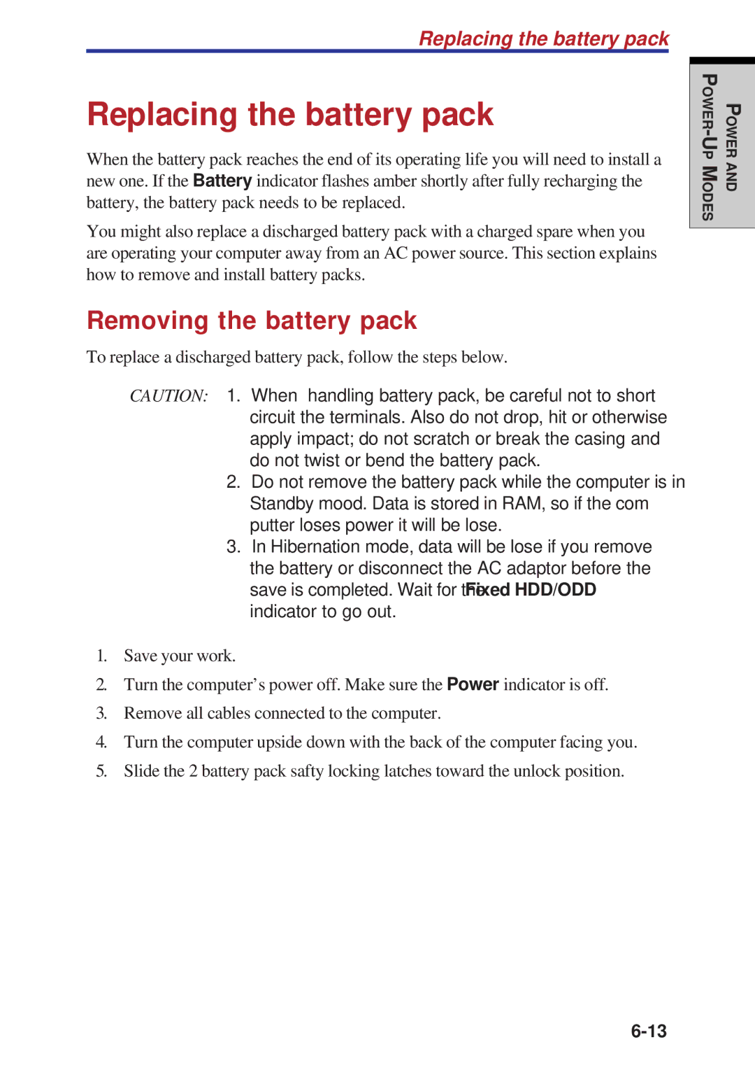 Toshiba A60 user manual Replacing the battery pack, Removing the battery pack 