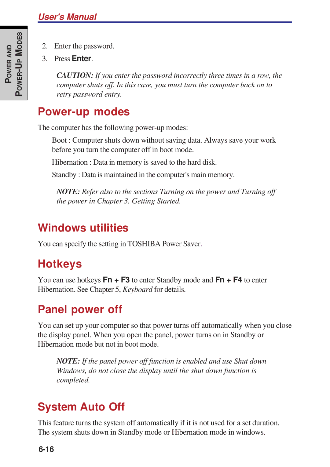 Toshiba A60 user manual Power-up modes, Windows utilities, Panel power off, System Auto Off 